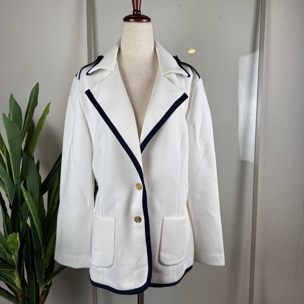 Vintage Bodin Knits Blazer Womens 16 White Nautical Navy Trim Gold Buttons